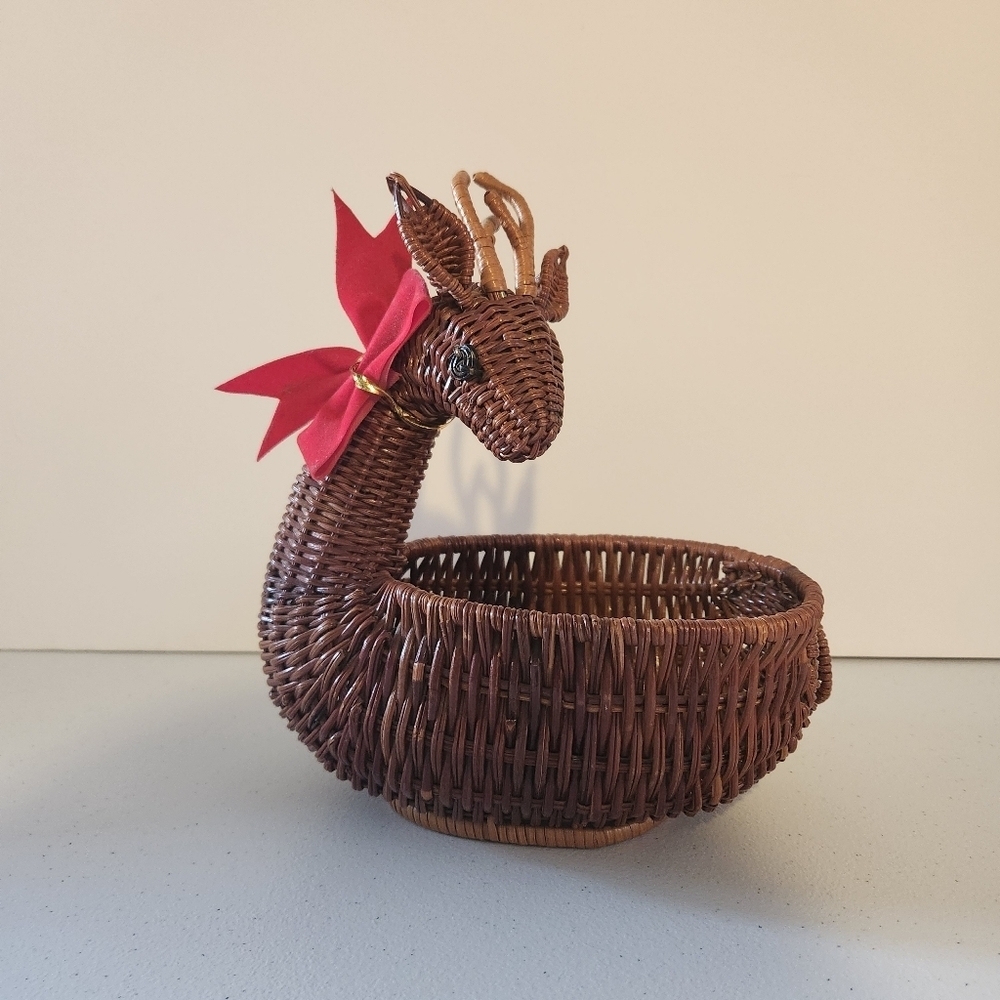 Vintage Rattan Wicker Reindeer Shape Deer Christmas Trinket Basket 90s 1990s